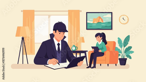 Animated detective in hat and coat reviews case notes while woman sits in armchair with tablet