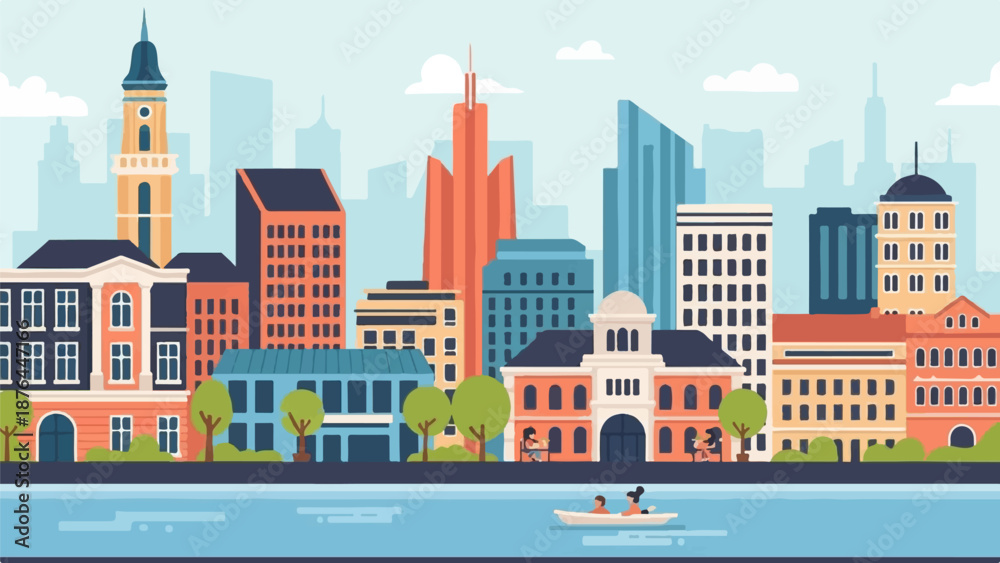 Obraz premium A stylized cityscape featuring diverse buildings, trees, and a serene river with a small boat