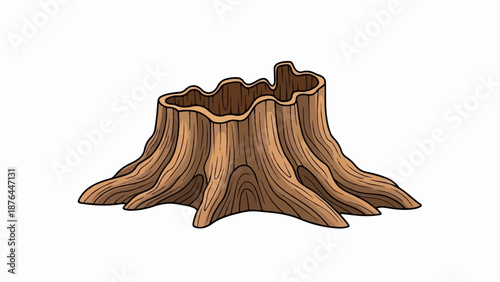 A stylized, cartoonish illustration of a brown tree stump with visible wood grain and roots