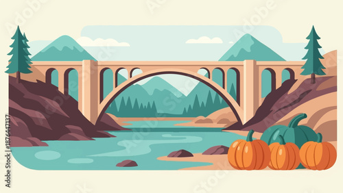 A stylized, cartoonish landscape features a large arch bridge over a serene river, with pumpkins in the foreground