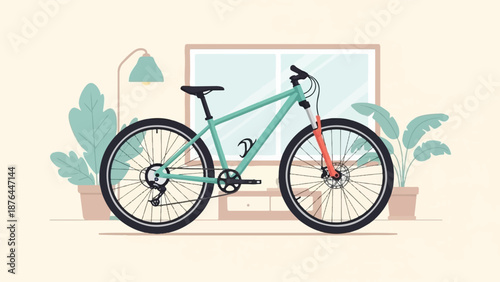 A teal bicycle with red front suspension stands indoors