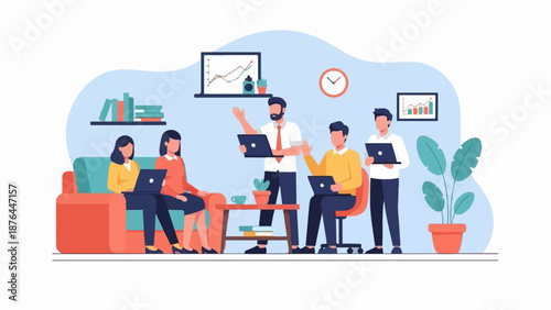 A team of five individuals collaborating in a modern office space, with laptops, charts, and plants