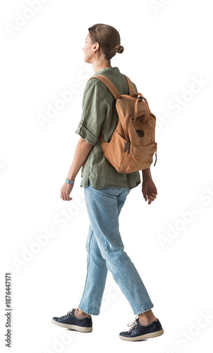 Full length portrait of a young woman walking isolated transparent PNG, student girl full body photo PNG with transparent background precisely cut out with clipping path.
