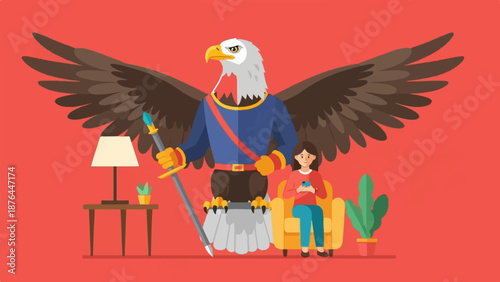 Anthropomorphic eagle guard, woman on couch with phone, table with lamp and plant