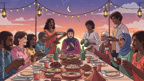 Diverse family and friends gathered for a celebratory meal at sunset sharing food and enjoying togetherness illustration for holidays and events