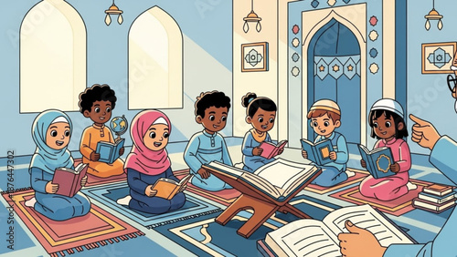 Diverse children learning Quran in a mosque classroom Islamic education concept illustration for religious study and cultural awareness