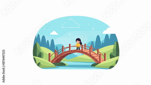 A young person stands on a wooden bridge over a river, surrounded by green hills and blue mountains under a bright sky