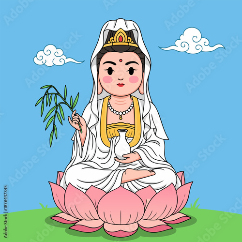 Illustration of Guanyin Bodhisattva, a Buddhist deity, seated on a lotus flower, holding a willow branch and vase
