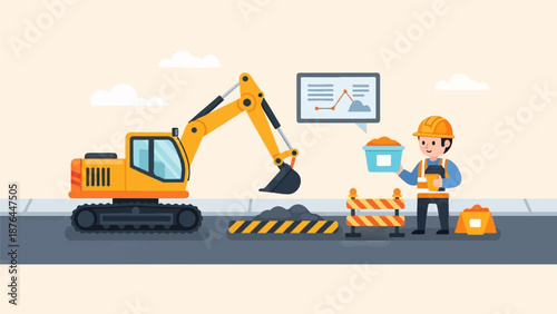 Cartoon construction worker and excavator on a road with safety barriers and progress chart