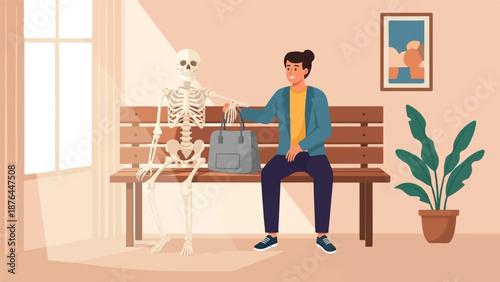 A skeleton and a smiling person sit together on a wooden bench with a bag between them