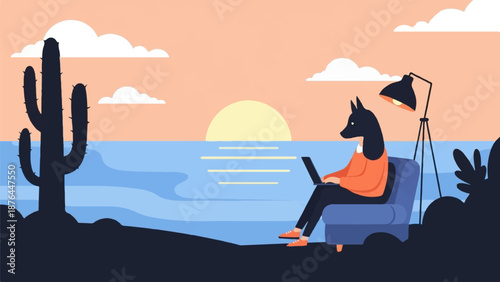 Anthropomorphic fox-like creature working on laptop by the sea at sunset