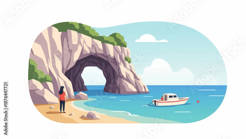A person stands on a beach looking at a rock arch and a boat in the sea