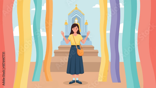 A person stands before an altar on steps, framed by colorful curtains under a sky with clouds