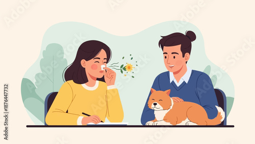A person sneezes near flowers while another pets a dog