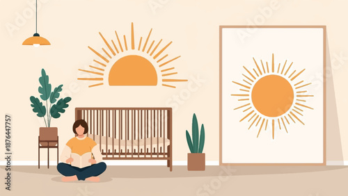 A person sits reading a book in a cozy nursery, with sun art and plants adorning the wall