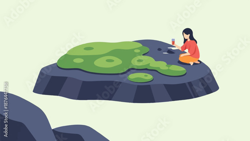 A person sits on a rocky outcrop, enjoying a drink near a green, textured landmass