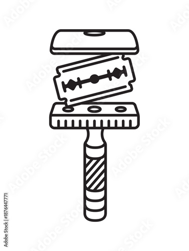 Vector linear illustration of a classic razor with a razor blade in an exploded view. Minimalistic design. Isolated on white background
