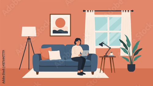 A person sits on a blue sofa using a laptop in a room with a lamp, picture, window, and plant