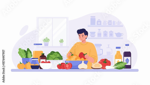 A person preparing fresh vegetables and ingredients in a kitchen setting