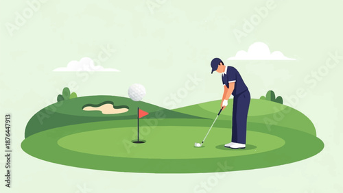 A person plays golf on a green course near a sand trap, with a ball and flag