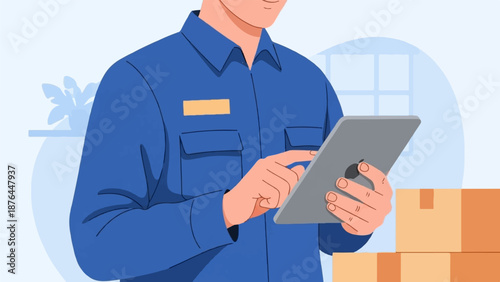 A person in uniform holds a tablet with packages nearby, hinting at delivery or logistics