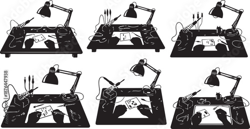 Black and white desk lamps with various accessories arranged