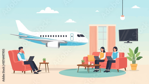 A person in armchair and two on couch with laptops, airplane in sky