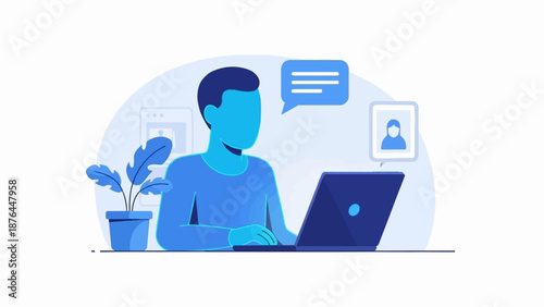 A person in blue sits at a laptop, with a plant, and communication icons