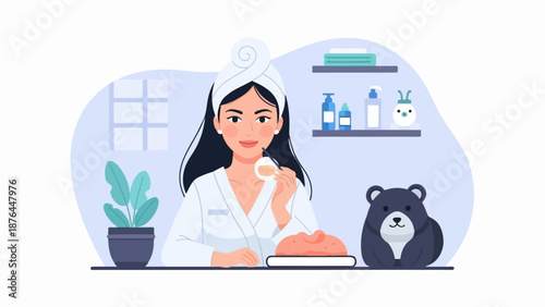 A person in a robe and towel applies makeup with a puff, with a plant, a bear, and skincare bottles nearby