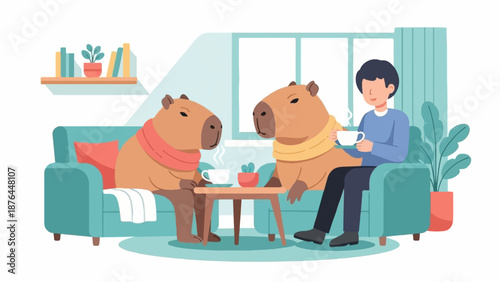 A person and two capybaras share a cozy indoor moment, sipping hot drinks