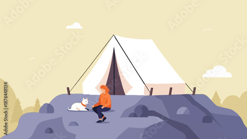 A person and dog relax near a tent on a rocky outcrop with distant hills under a pale yellow sky