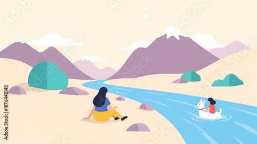 A person and dog enjoy a serene river with mountains in the distance