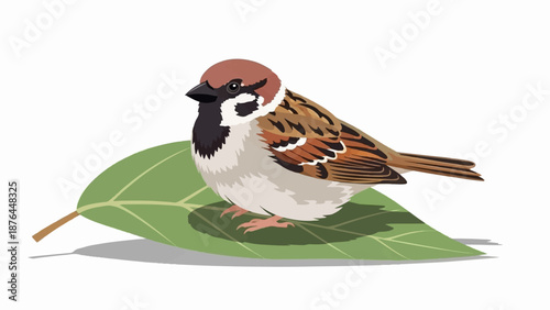 A small, brown and white bird with a black bib sits on a large green leaf