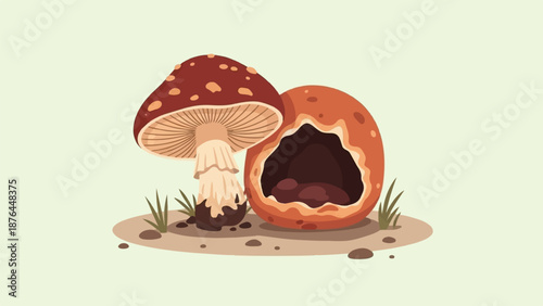Cartoon illustration of a red-and-white spotted mushroom next to a hollowed-out, rounded shape