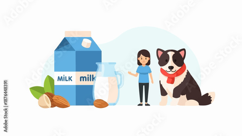 Cartoon of a woman, a dog, milk carton, jug, and almonds