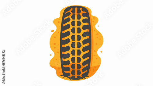 A tire track pressed into orange sand, showing a deep, detailed tread pattern