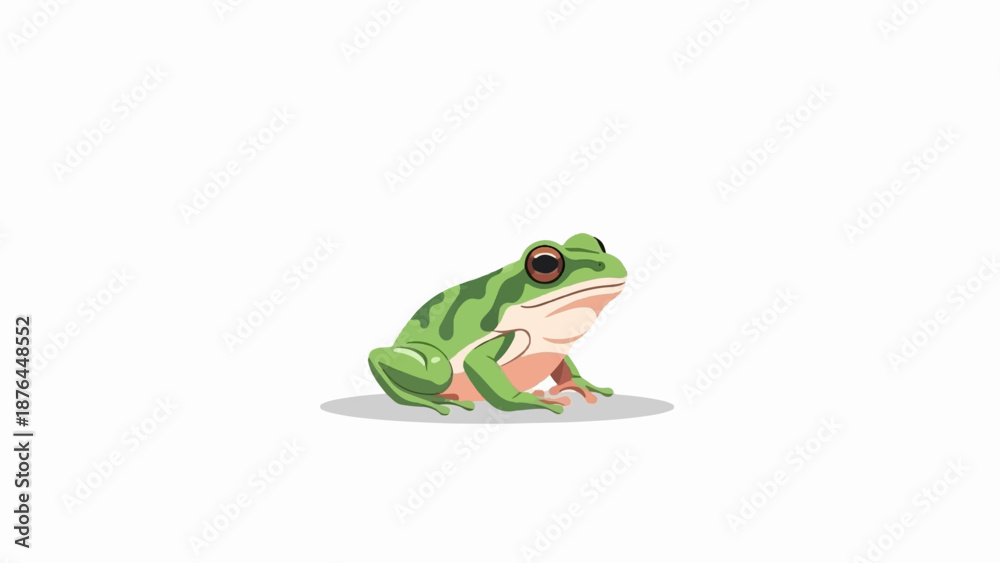 Fototapeta premium A small green frog with dark-ringed eyes sits with its body facing right, on a white background