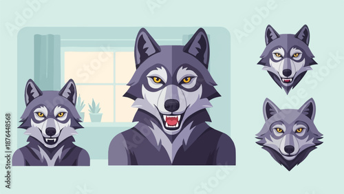 Anthropomorphic wolves depicted in a minimalist, pixelated style with varying expressions and poses