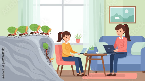 Ants carrying leaves near women working on laptops inside a room