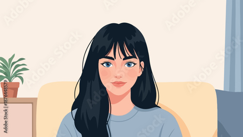 A young woman with long dark hair and blue eyes smiles serenely from a couch