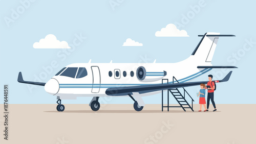 A small, white jet plane with blue stripes is parked, with two people and a stairway at its entrance