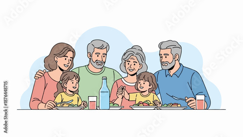 A smiling, multi-generational family enjoys a meal together at a table