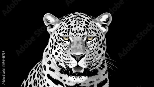 A stylized, grayscale depiction of a leopard's face with its mouth open on a black background