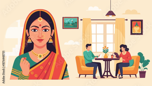 A traditional woman stands beside a couple at a table in a bright, modern room