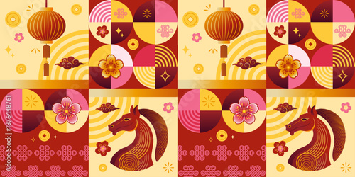 Chinese New Year 2026 Year of the Horse Seamless Pattern in Flat Geometric Style
