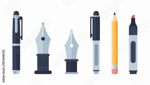 Assortment of writing instruments fountain pens, ballpoint pen, pencil, and marker