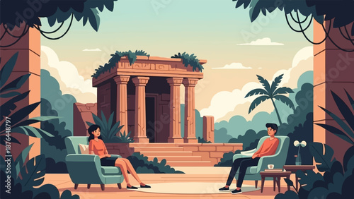 A tranquil scene of two people relaxing by an ancient ruin amidst lush foliage