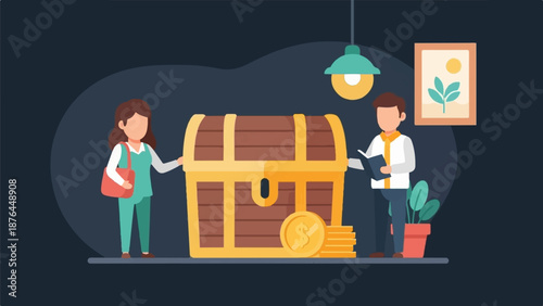 A treasure chest with coins sits between a woman and a man reading a book