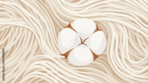 A soft cotton boll rests on a textured background of swirling, light brown fibers