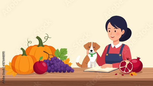 A woman and her dog with harvested produce